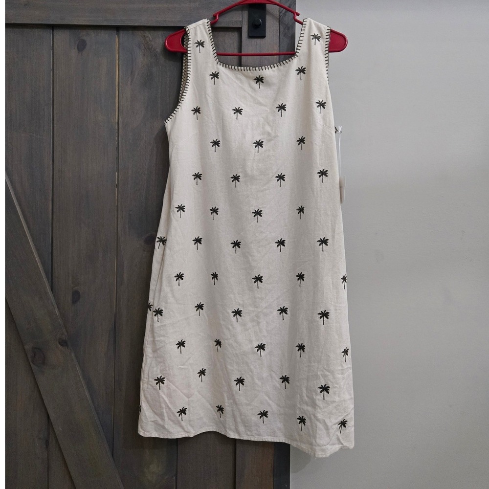 Cynthia Rowley Palm Tree Embroidered Linen Blend Dress Womens Medium Cream NEW - Picture 1 of 11